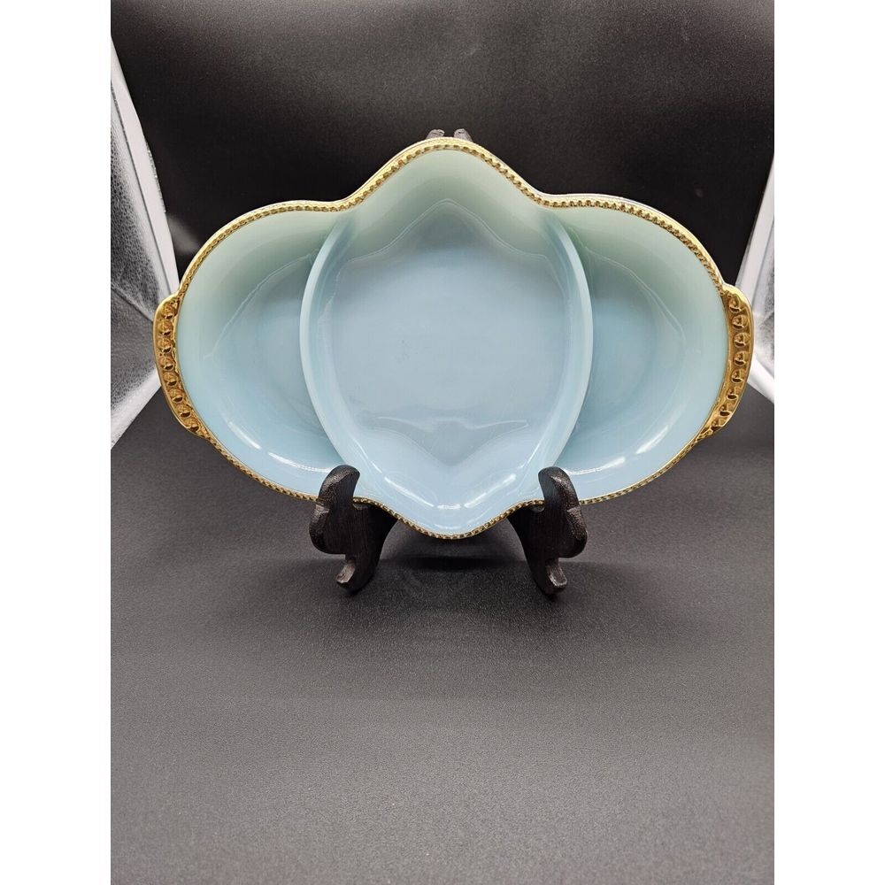 Vintage Fire King Delphite Blue Milk Glass Gold Trim Oval Divided Tray ~ RARE